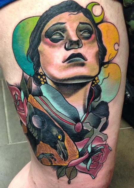 Gary Dunn - traditional evil girl with crow planchett and roses. Art Junkies Tattoo Gary Dunn